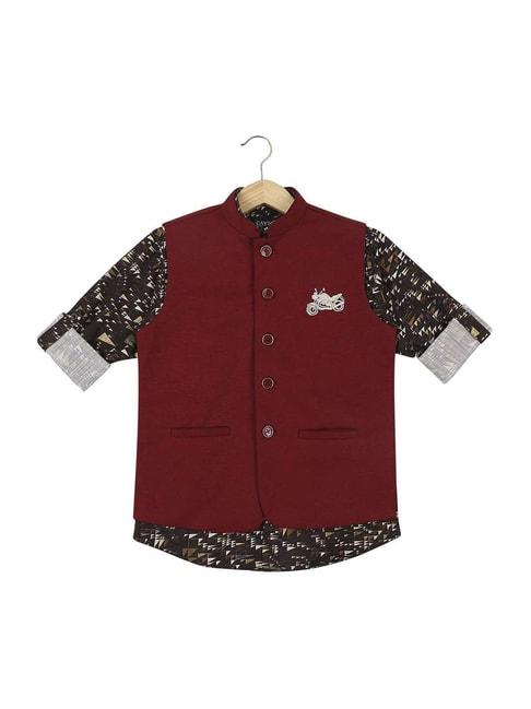 cavio kids maroon & brown embroidered shirt set