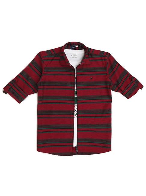 cavio-kids-maroon-striped-full-sleeves-zipper-shirt-with-t-shirt