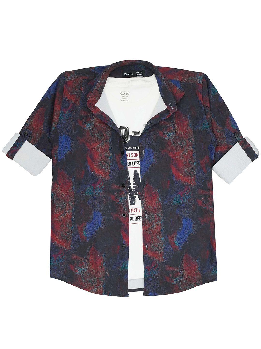 cavio boys abstract printed spread collar roll-up sleeves cotton casual shirt & t-shirt