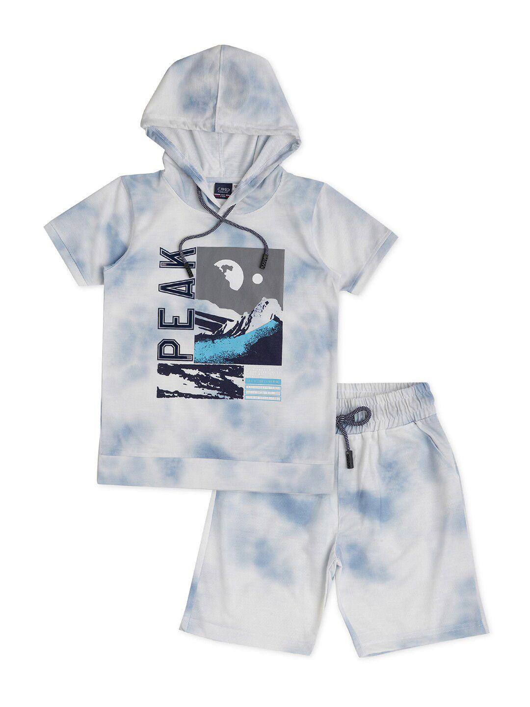 cavio boys blue & off white dyed pure cotton hooded t-shirt with shorts