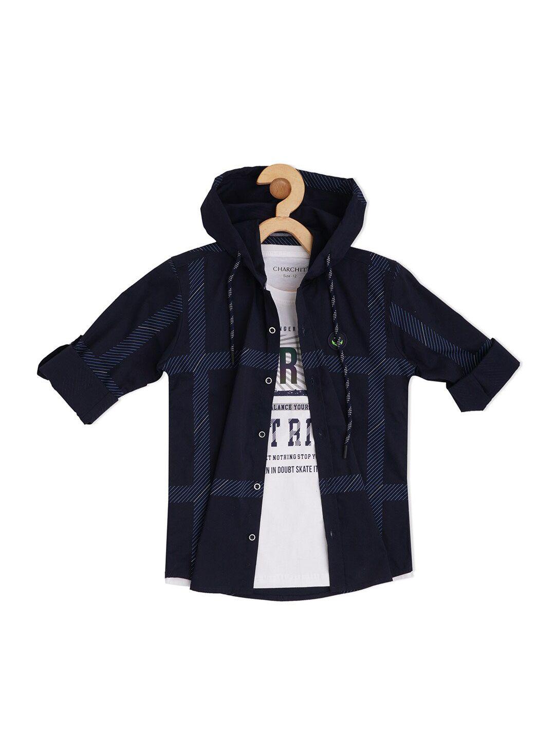 cavio boys checked cotton hooded casual shirt with t-shirt