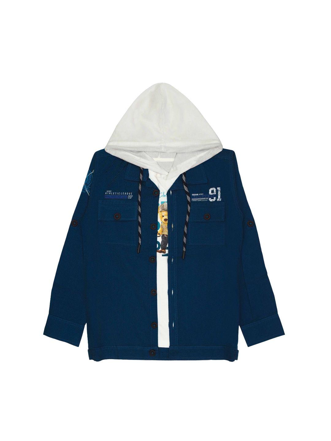 cavio boys colourblocked hooded neck lightweight cotton denim jacket with t-shirt