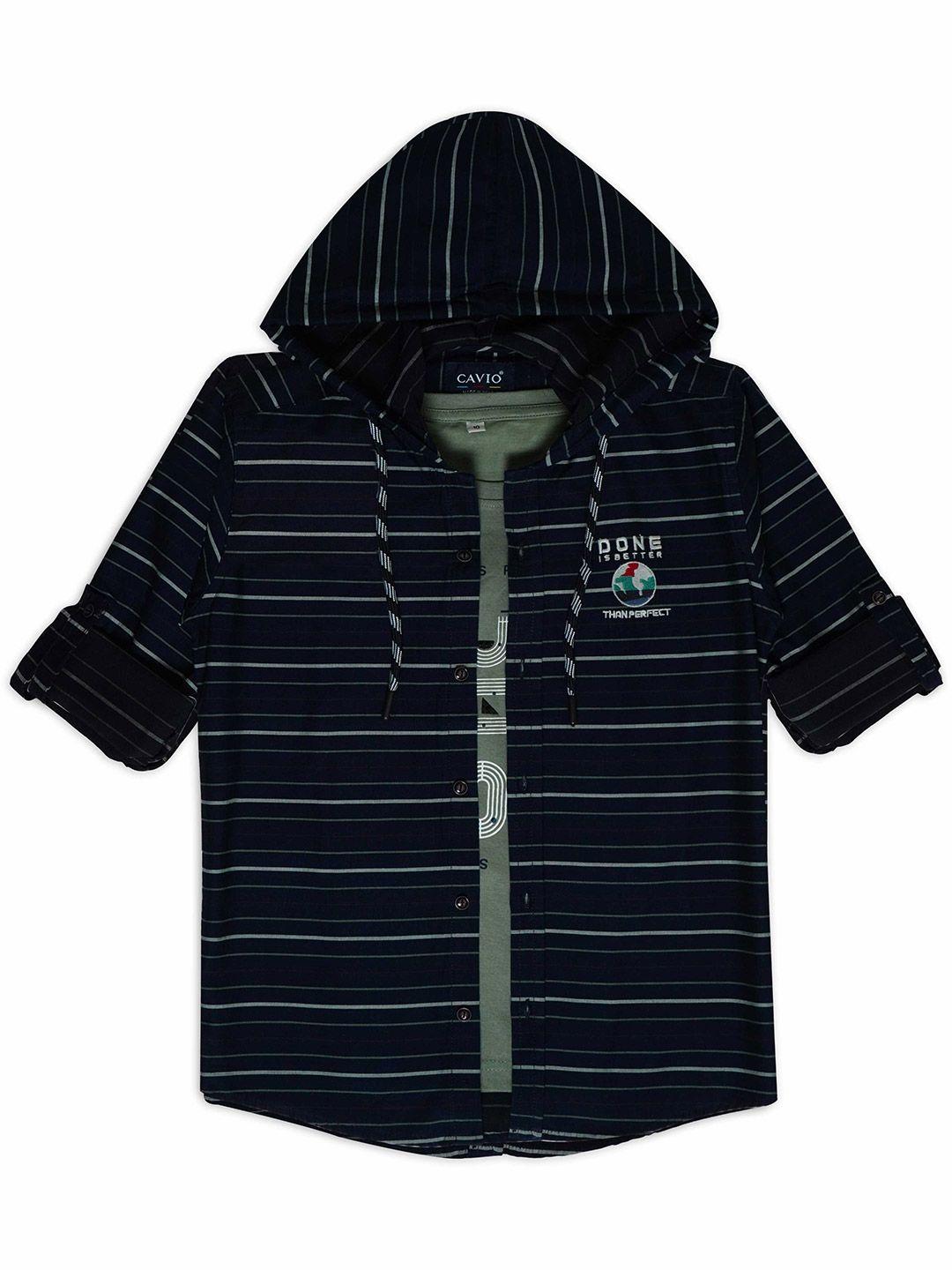 cavio boys comfort fit horizontal striped hooded pure cotton casual shirt with t-shirt