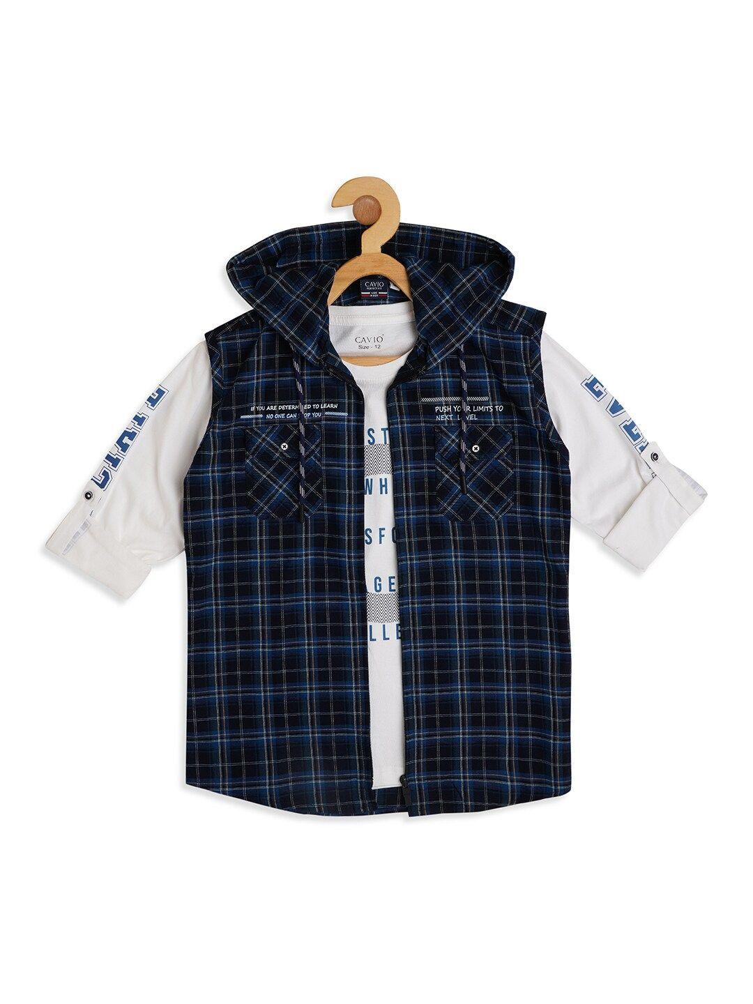 cavio boys comfort fit tartan checked sleeveless hooded casual shirt with printed t-shirt