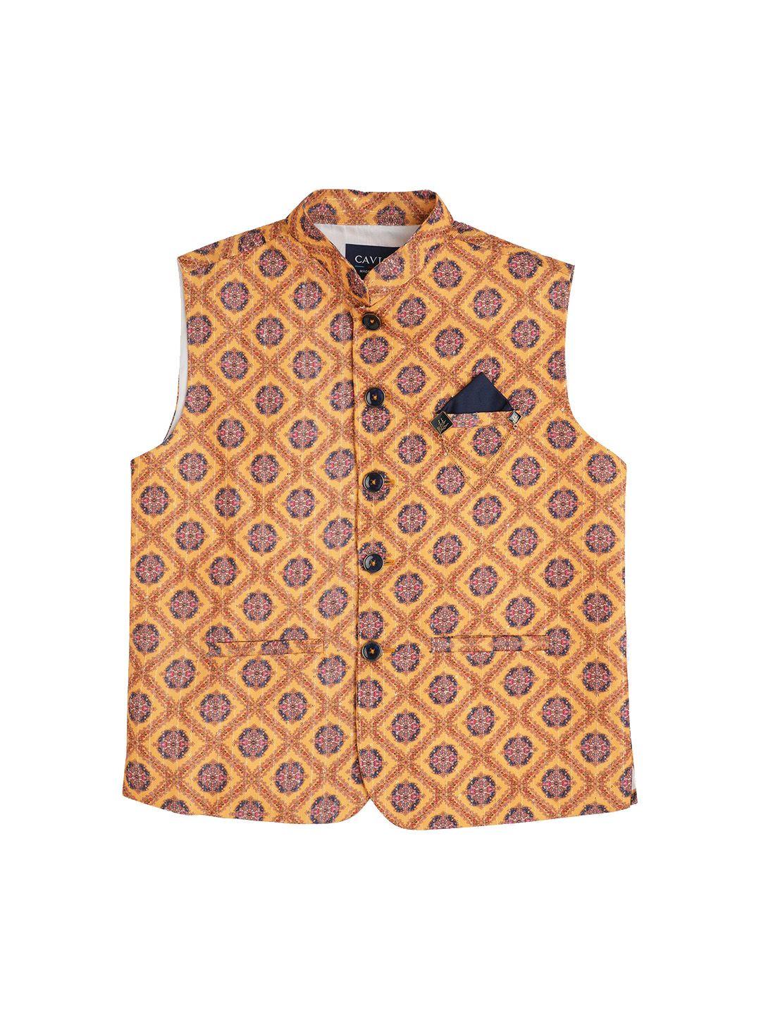 cavio boys ethnic motifs printed cotton woven nehru jacket with brooch & shirt