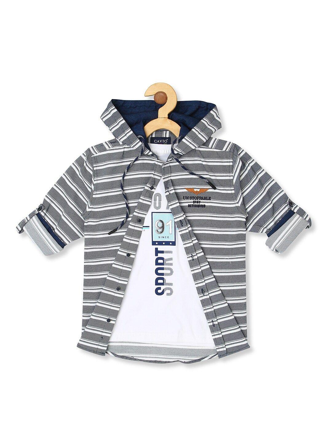 cavio boys horizontal stripes cotton casual shirt with t-shirt