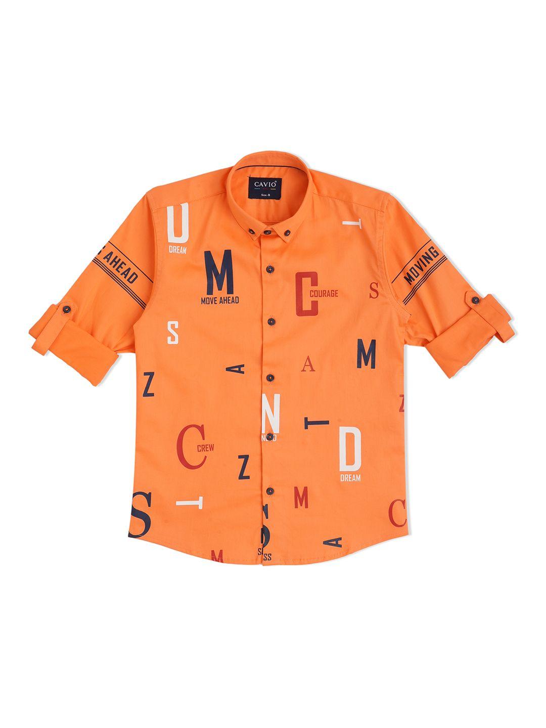 cavio boys orange regular fit printed casual shirt
