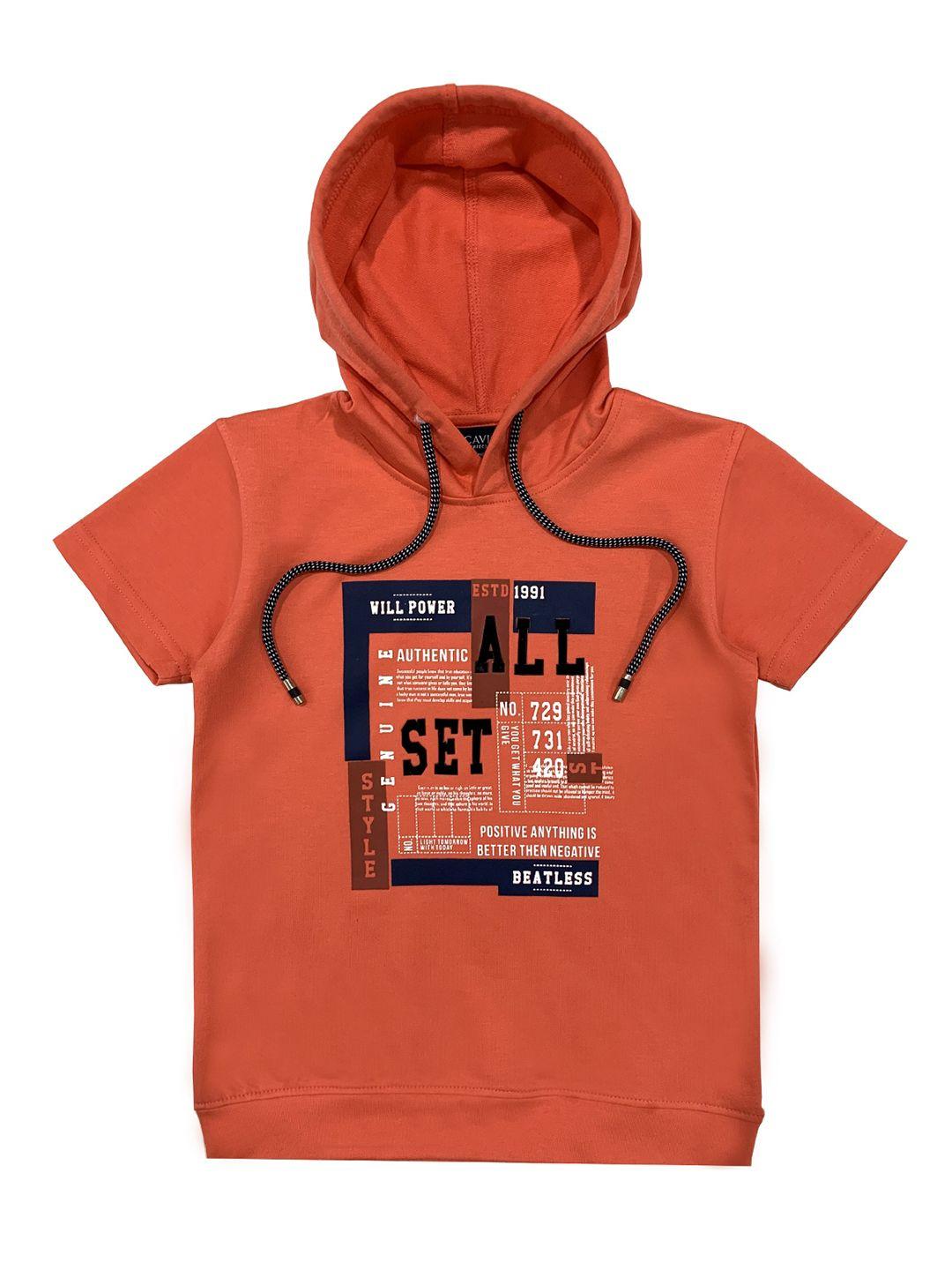 cavio boys orange typography printed hooded t-shirt