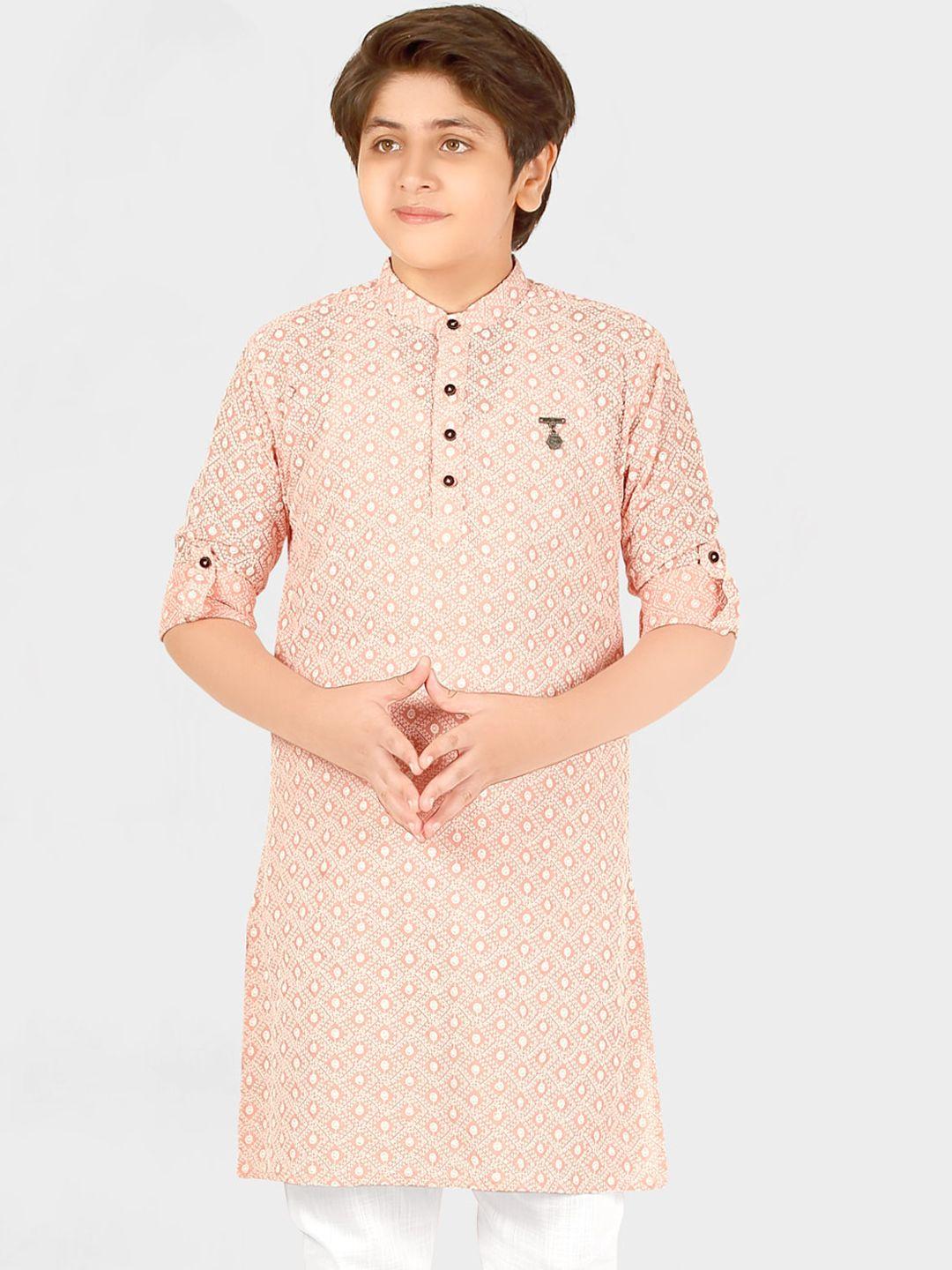 cavio boys pink & white embroidered thread work kurta with pyjamas