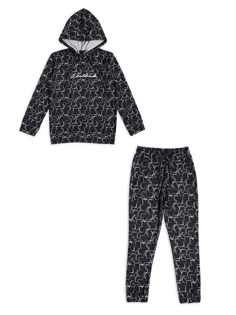 cavio kids black printed full sleeves hoodie with trackpants