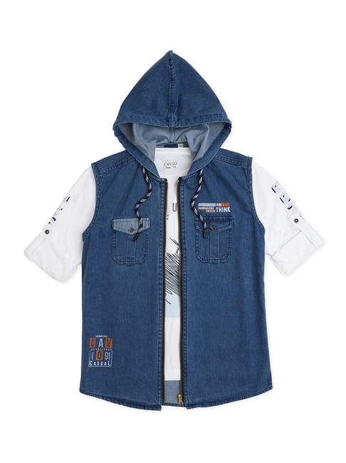 cavio kids blue & white solid full sleeves jacket with t-shirt