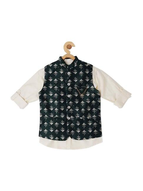 cavio kids green & white cotton printed shirt set