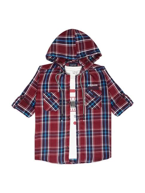 cavio kids maroon & white checks full sleeves shirt with t-shirt