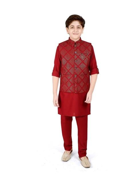 cavio kids maroon embroidered full sleeves kurta set