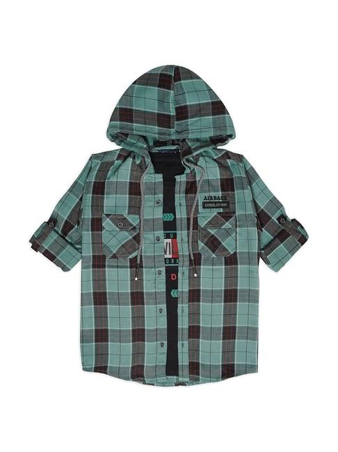 cavio kids mint green & black checks full sleeves shirt with t-shirt