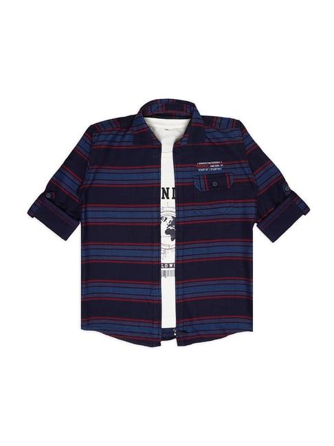 cavio kids navy & white striped full sleeves shirt with t-shirt