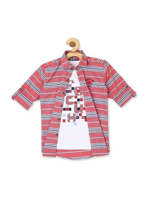 cavio kids red & white cotton striped full sleeves shirt set