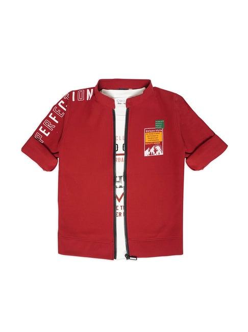 cavio kids red & white printed full sleeves jacket with t-shirt