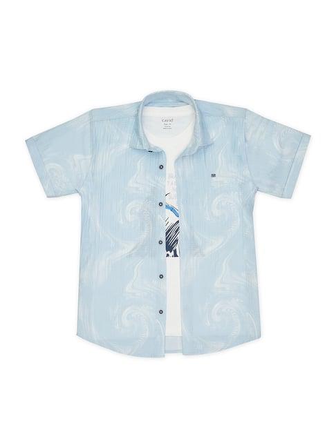 cavio kids sky blue & white printed shirt with t-shirt