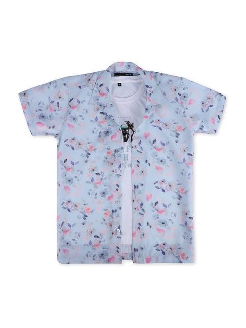 cavio kids sky blue floral print shirt with t-shirt