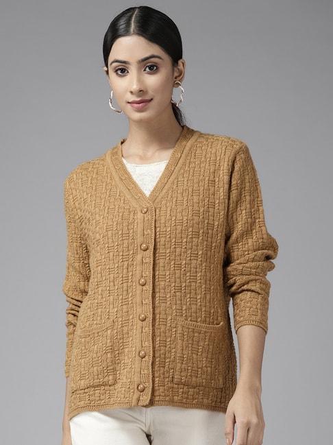 cayman camel brown woolen cable knit cardigan