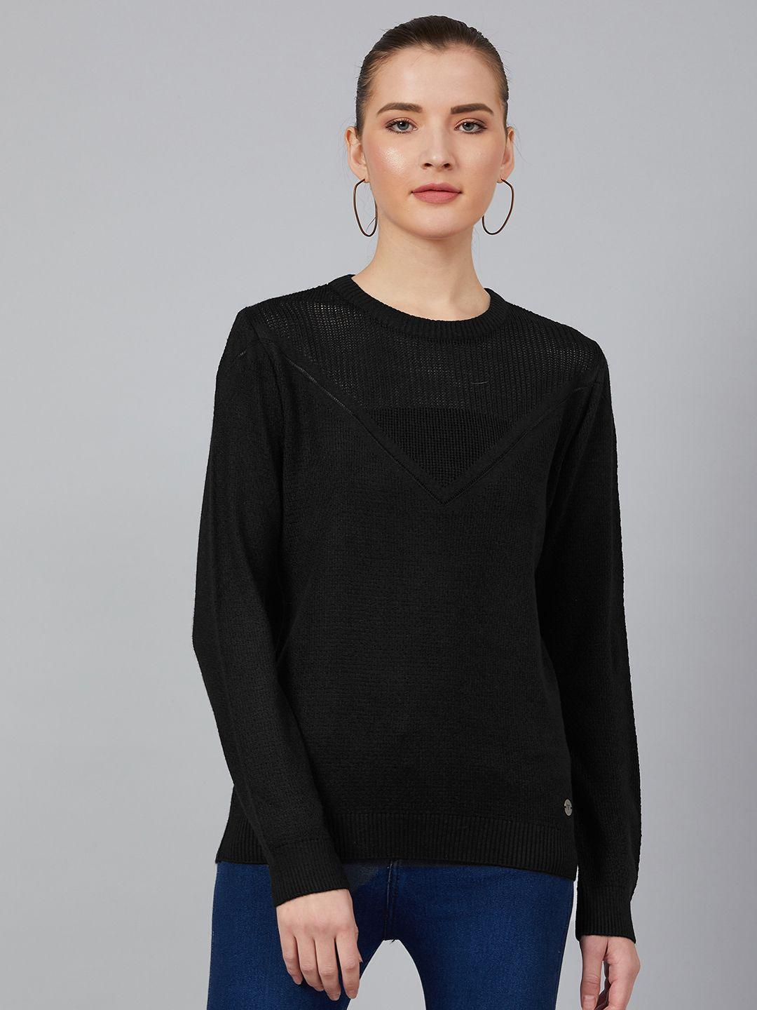 cayman women black solid acrylic sweater with self design detail