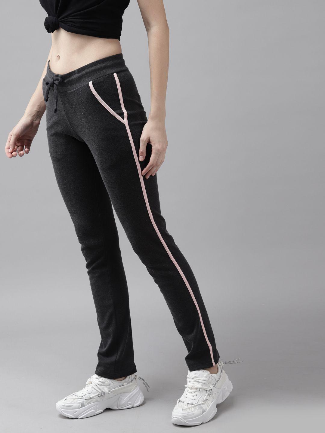 cayman women charcoal grey solid pure cotton straight fit track pants with side stripes