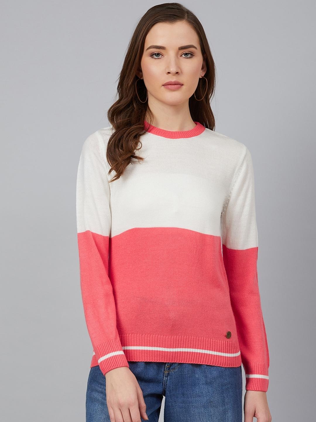 cayman women coral pink & off-white colourblocked acrylic pullover sweater