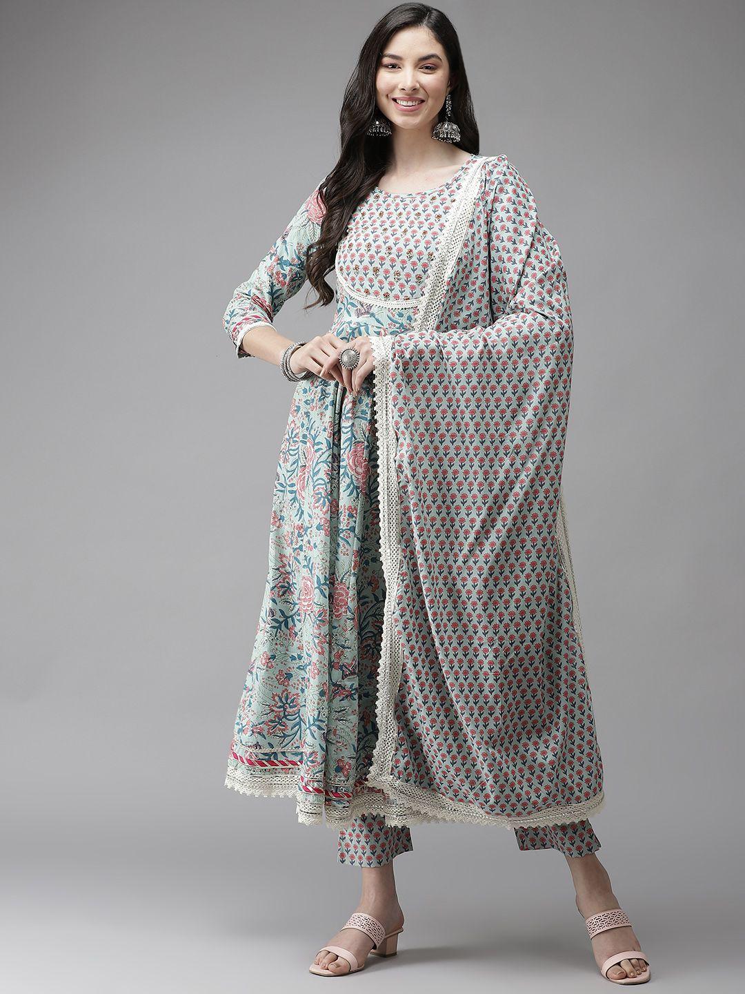 cayman women green ethnic motifs printed empire pure cotton kurta with trousers & with dupatta