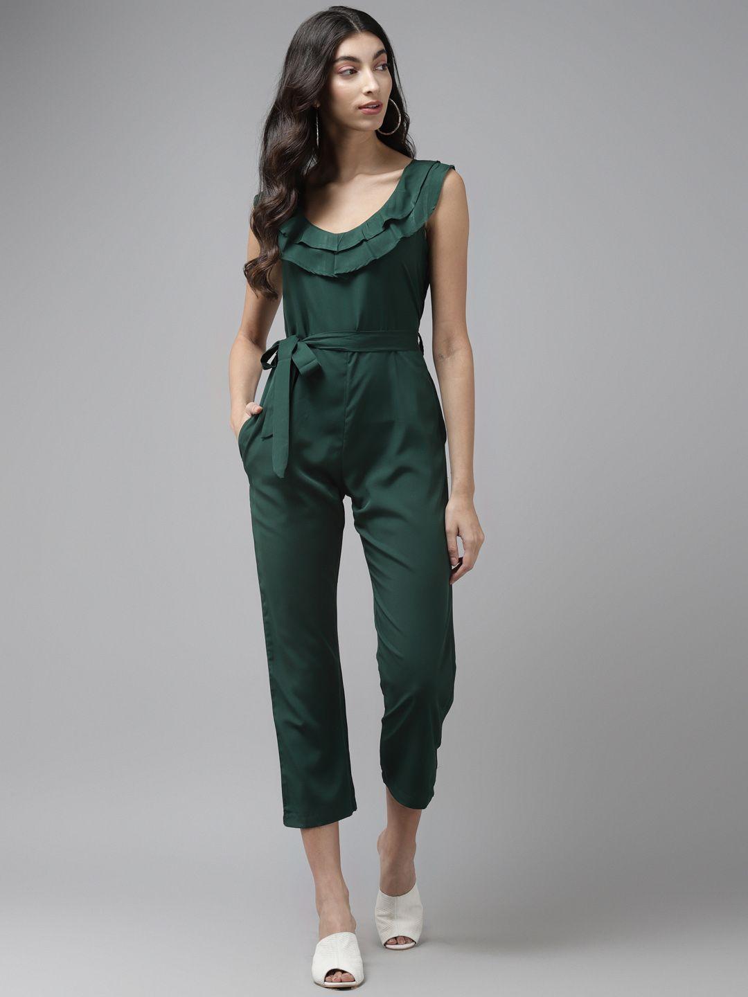 cayman women green solid cropped basic jumpsuit with belt