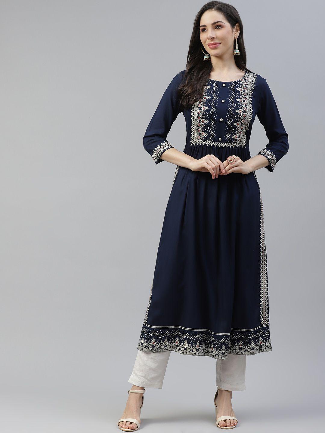 cayman women navy blue & off-white ethnic motifs print yoke design straight kurta