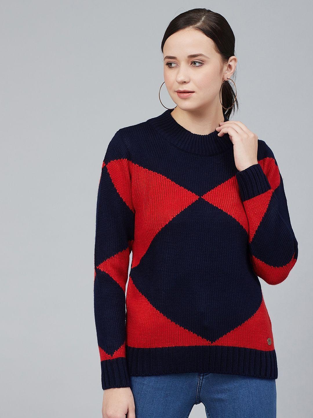 cayman women navy blue & rust red colourblocked acrylic pullover sweater