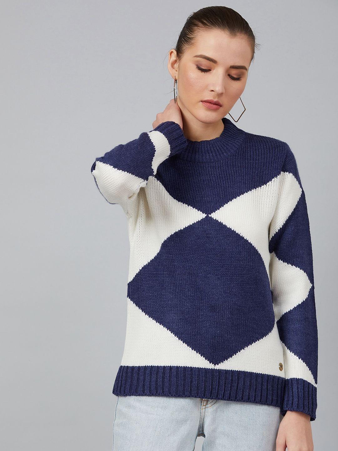 cayman women navy blue & white printed pullover sweater