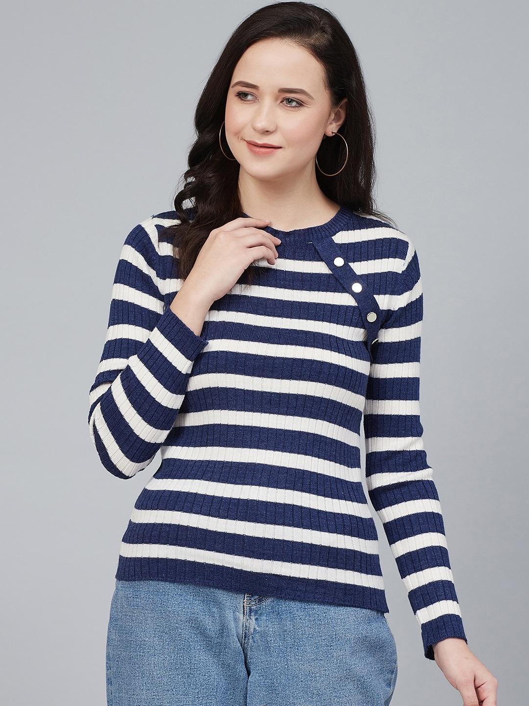 cayman women navy blue & white striped pullover