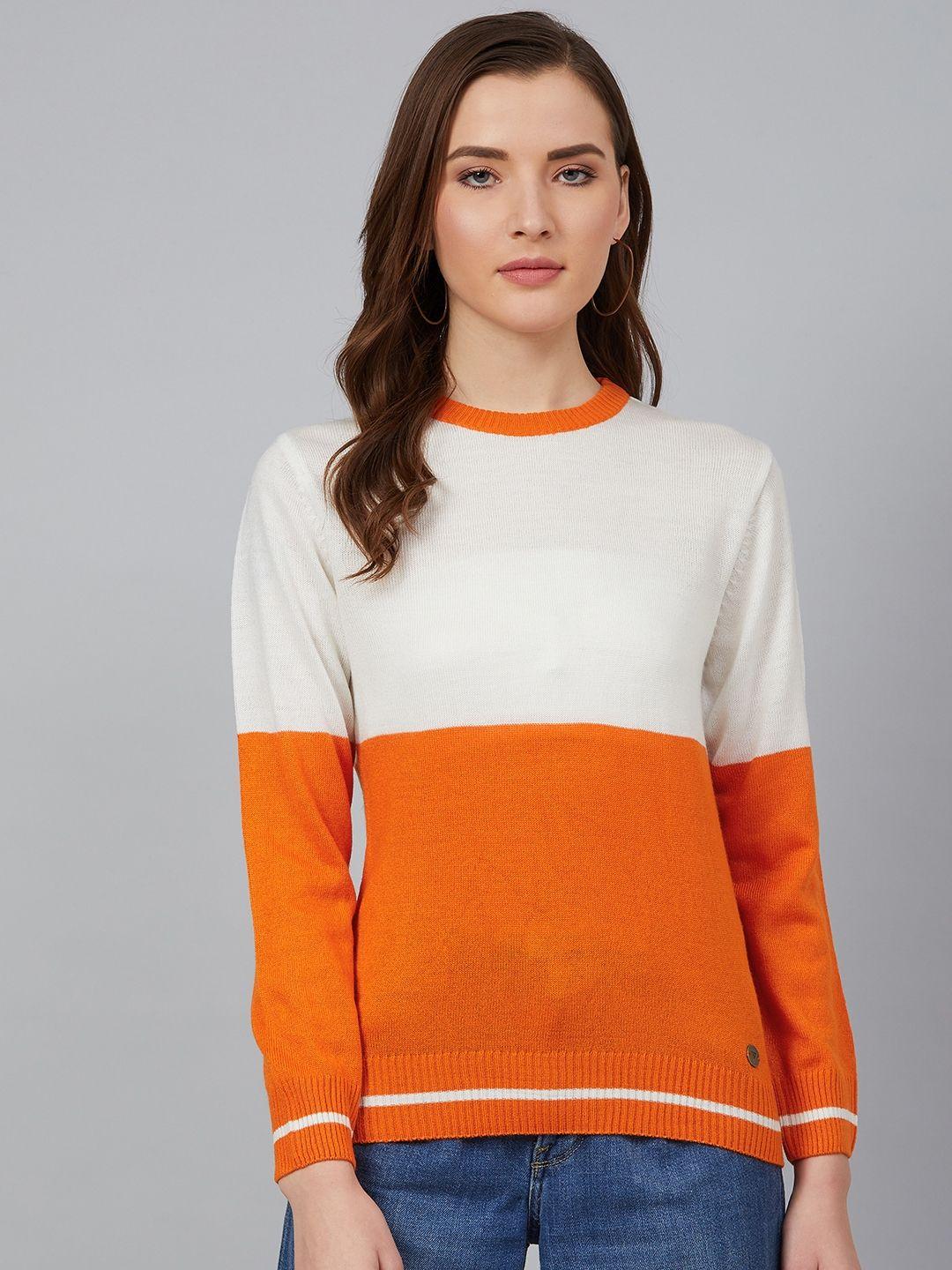 cayman women orange & off-white colourblocked pullover acrylic sweater