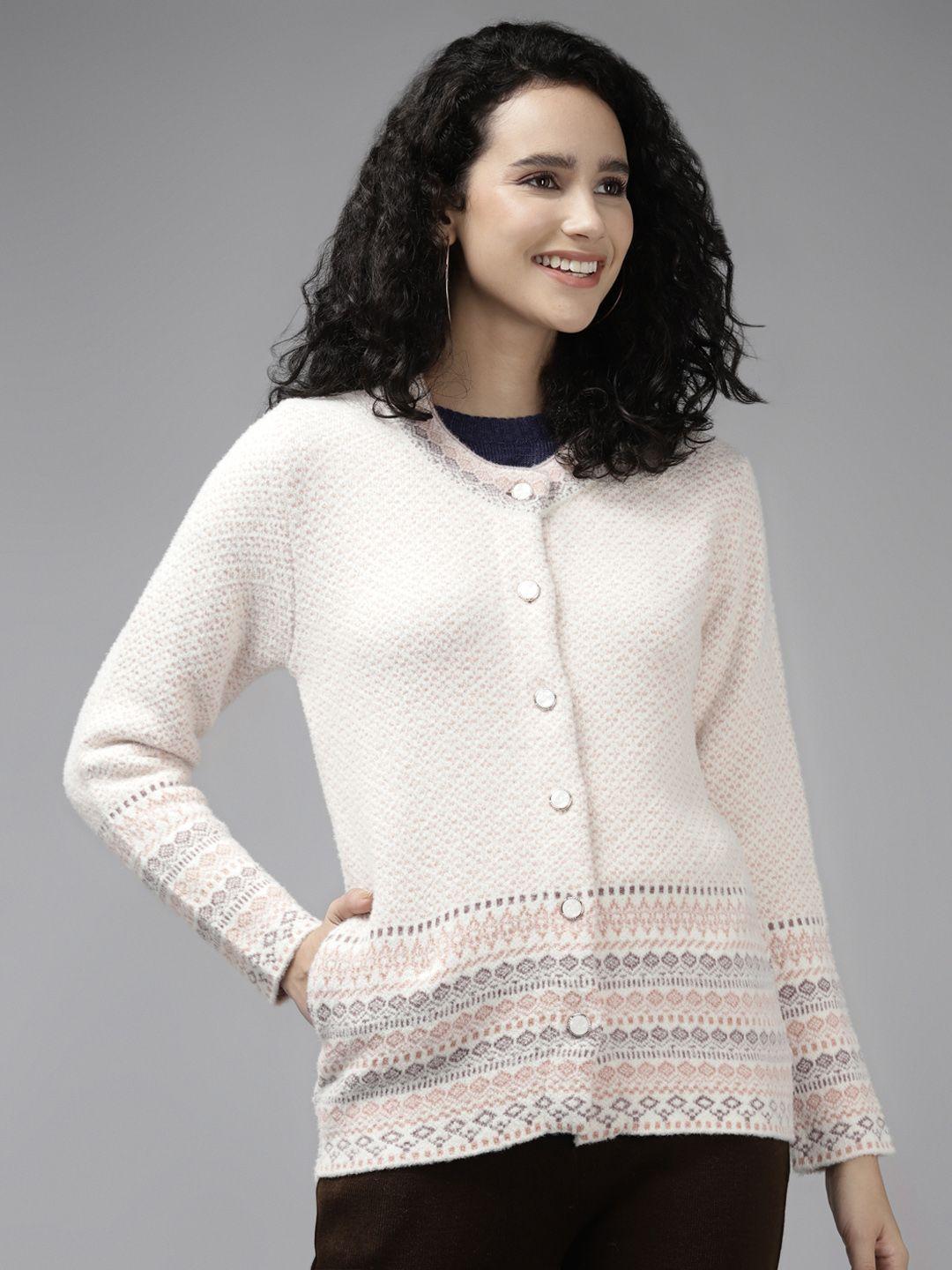 cayman women peach-coloured knitted ribbed wool cardigan