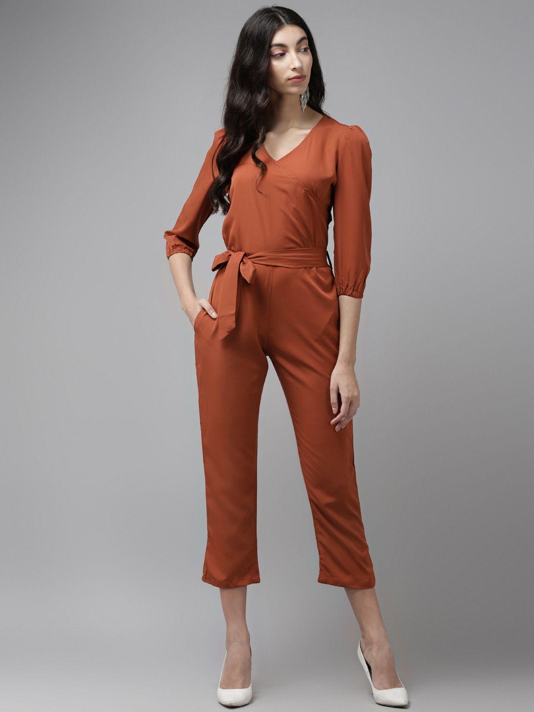 cayman women rust brown solid cropped basic jumpsuit with belt