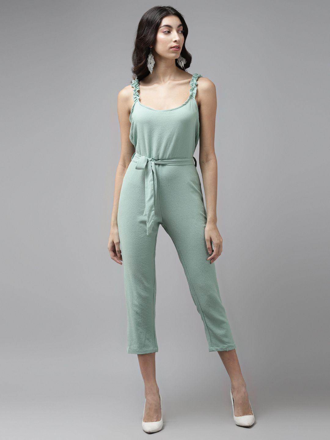 cayman women sea green solid cropped basic jumpsuit with belt