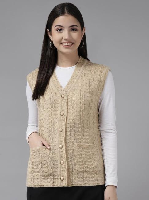 cayman beige wool self design cable knit cardigan