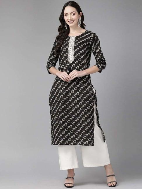 cayman black cotton floral print straight kurta