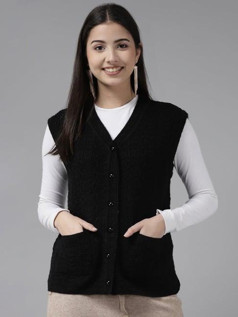 cayman black wool self design cable knit cardigan