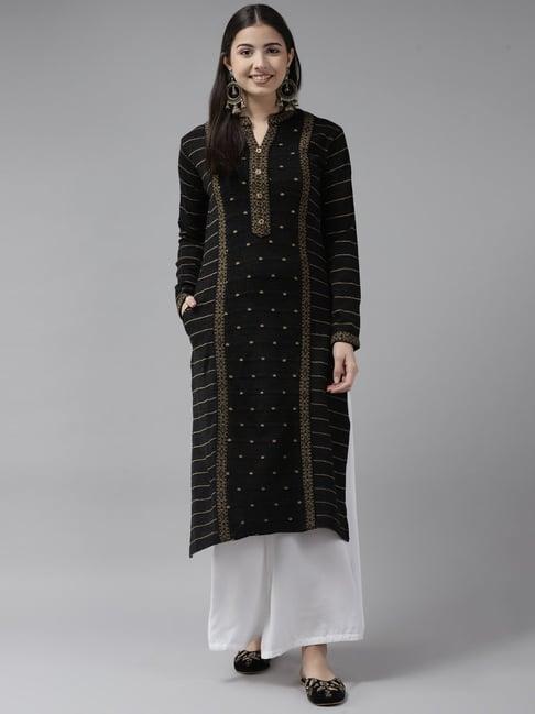 cayman black wool striped straight kurta