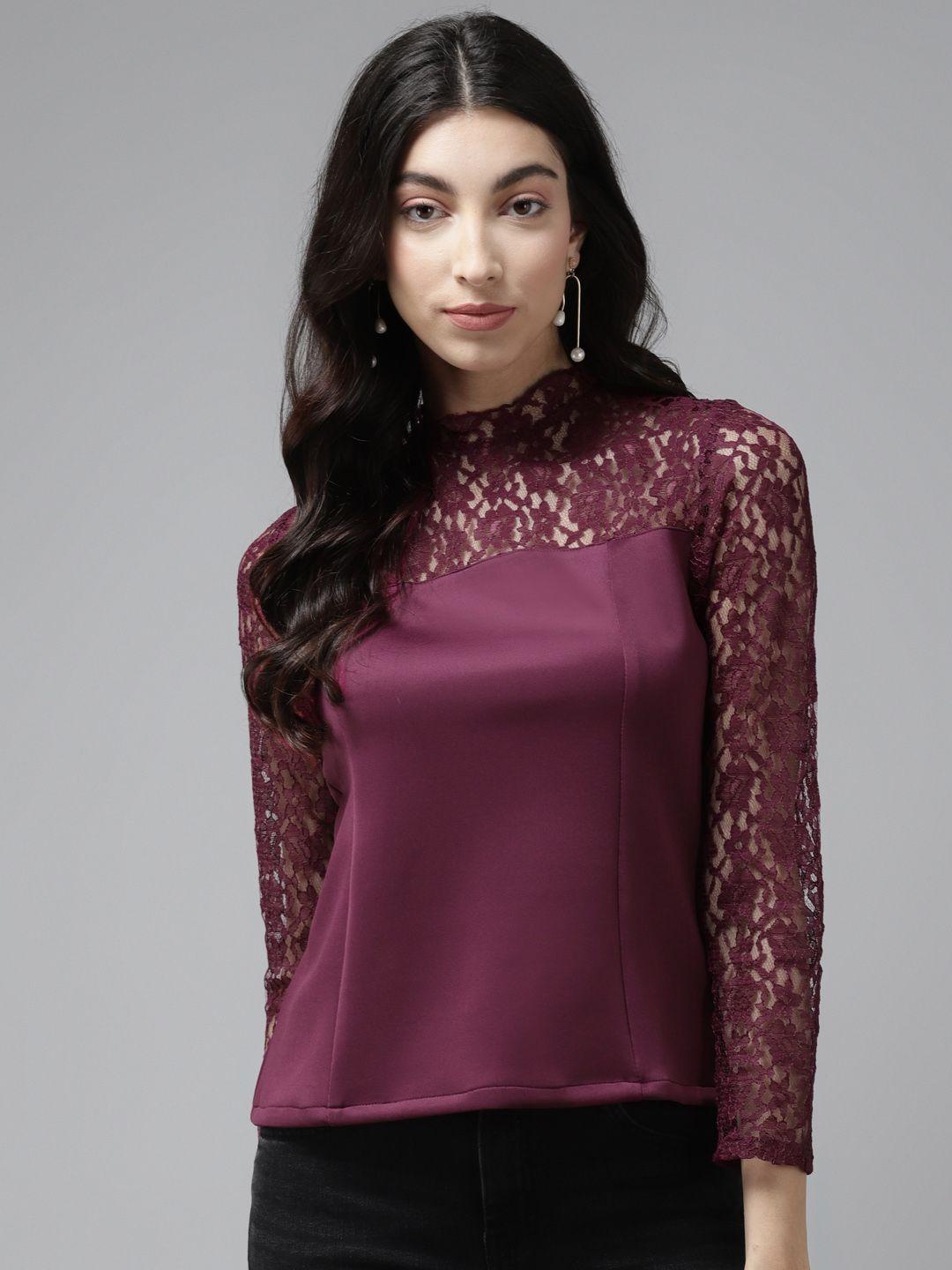 cayman burgundy self design lace regular top