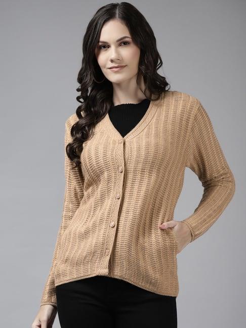 cayman camel brown wool self design cardigan