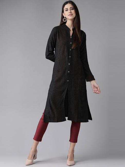 cayman charcoal wool woven pattern straight kurta