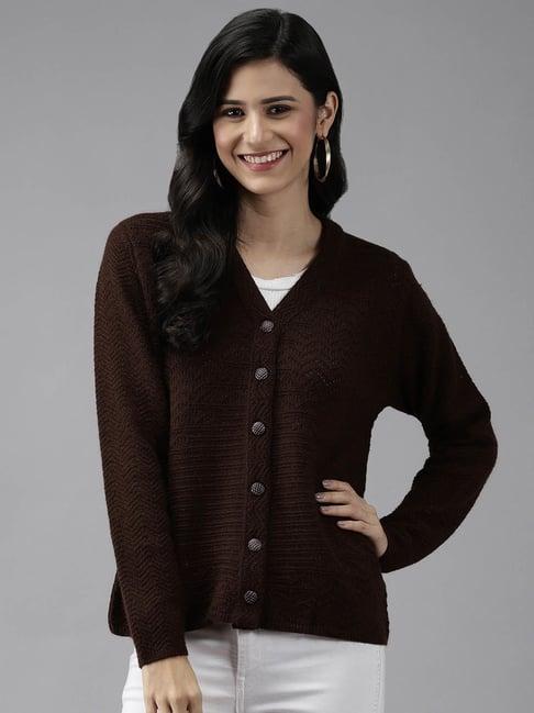 cayman coffee brown woolen textured cardigan