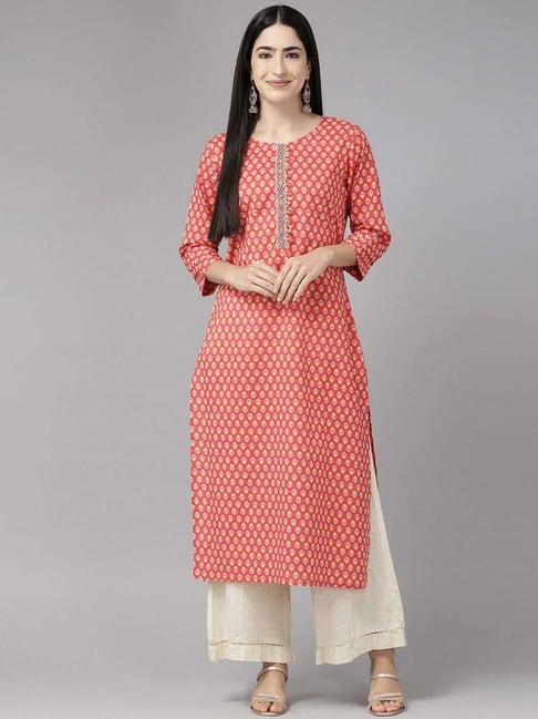 cayman coral cotton floral print straight kurta