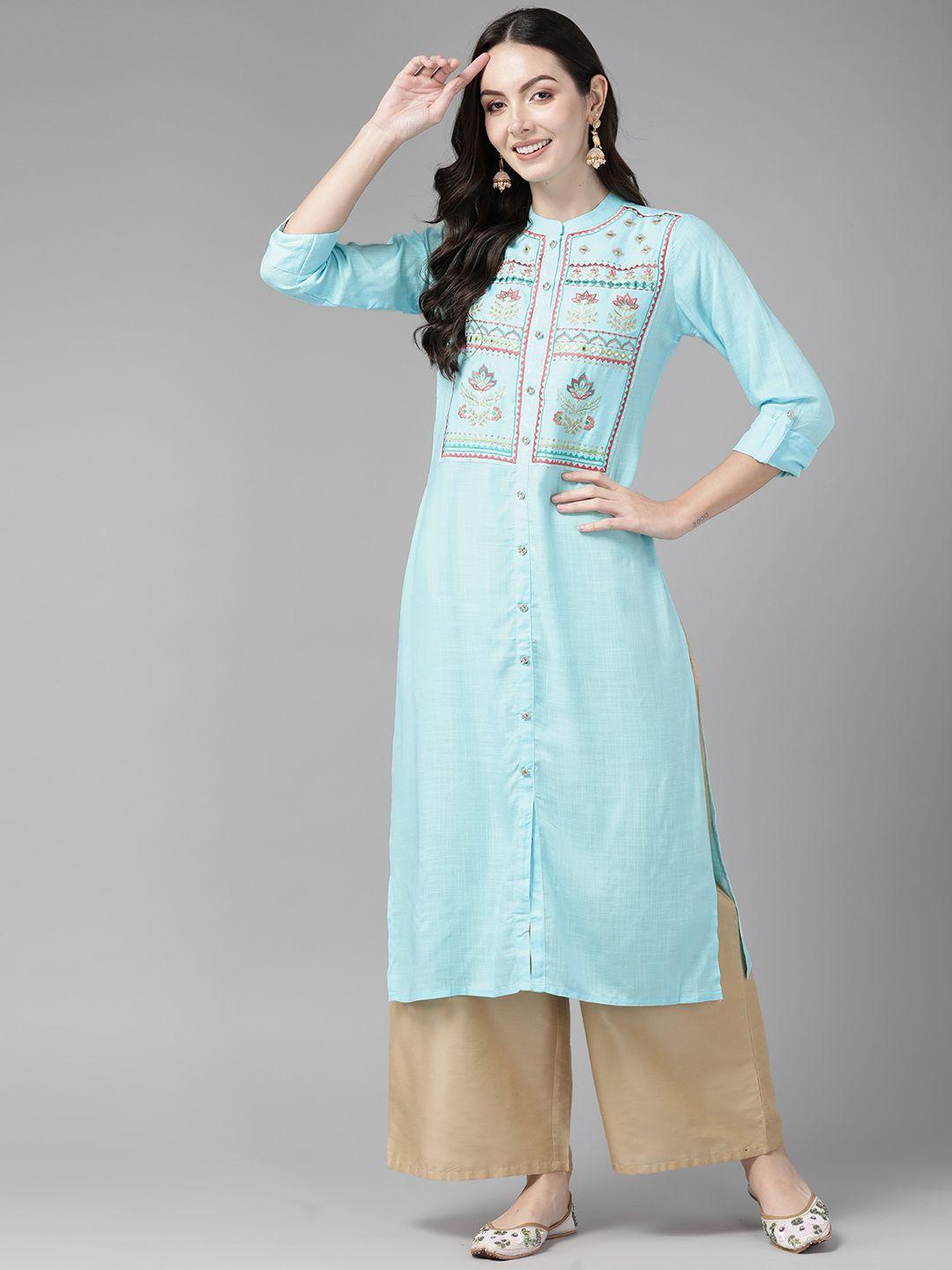 cayman ethnic motifs embroidered mirror work pure cotton kurta