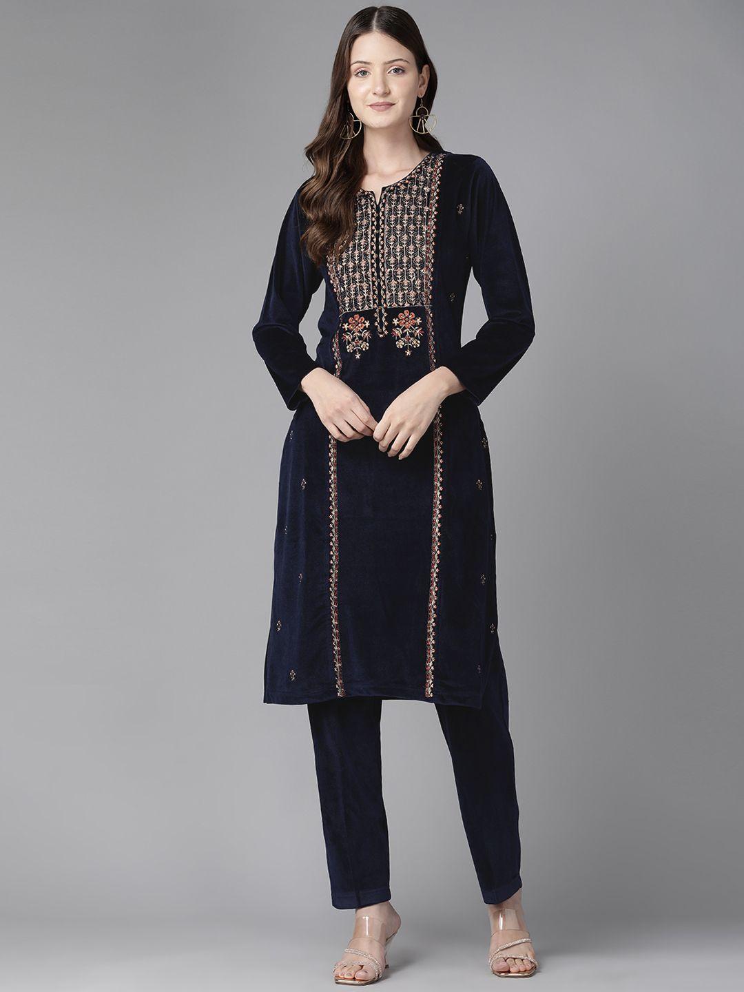 cayman ethnic motifs embroidered panelled sequinned pure wool kurta with trousers