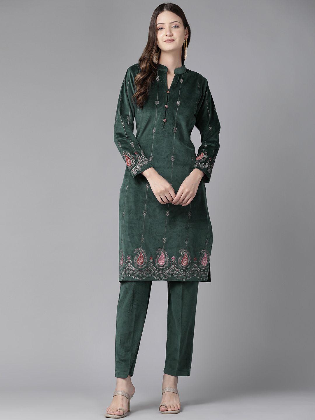 cayman ethnic motifs embroidered regular beads & stones pure wool kurta with trousers